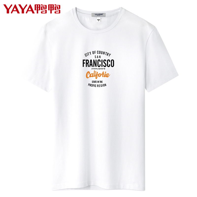 鸭鸭夏季新款休闲短袖t恤男纯棉透气圆领上衣薄款全棉修身印花