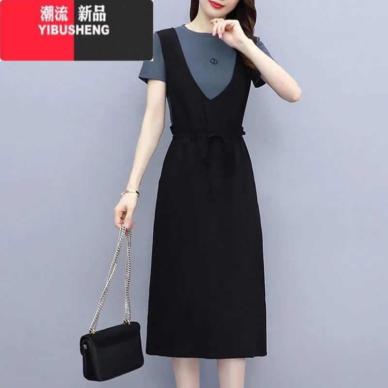 YIBUSHENG新款假两件背带裙子2022季新款大码女装撞色拼接中长款连衣裙潮高清大图