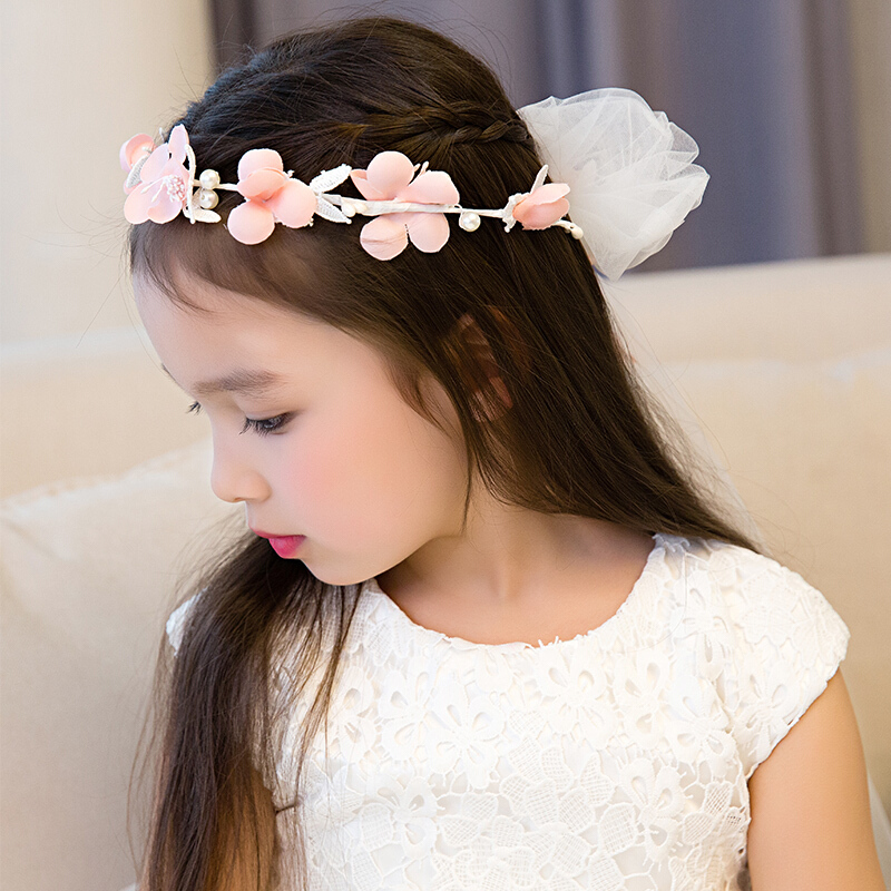 儿童头纱女童礼服婚纱公主花环头饰公主披纱花童花环饰品饰演出粉红色