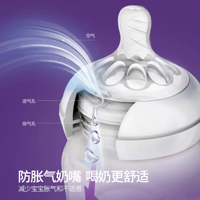 飞利浦新安怡原装进口宽口径仿真母乳硅胶奶瓶奶嘴新生婴儿宝宝SCF653/23 宽口径自然亲柔型中流量/3月+/对装