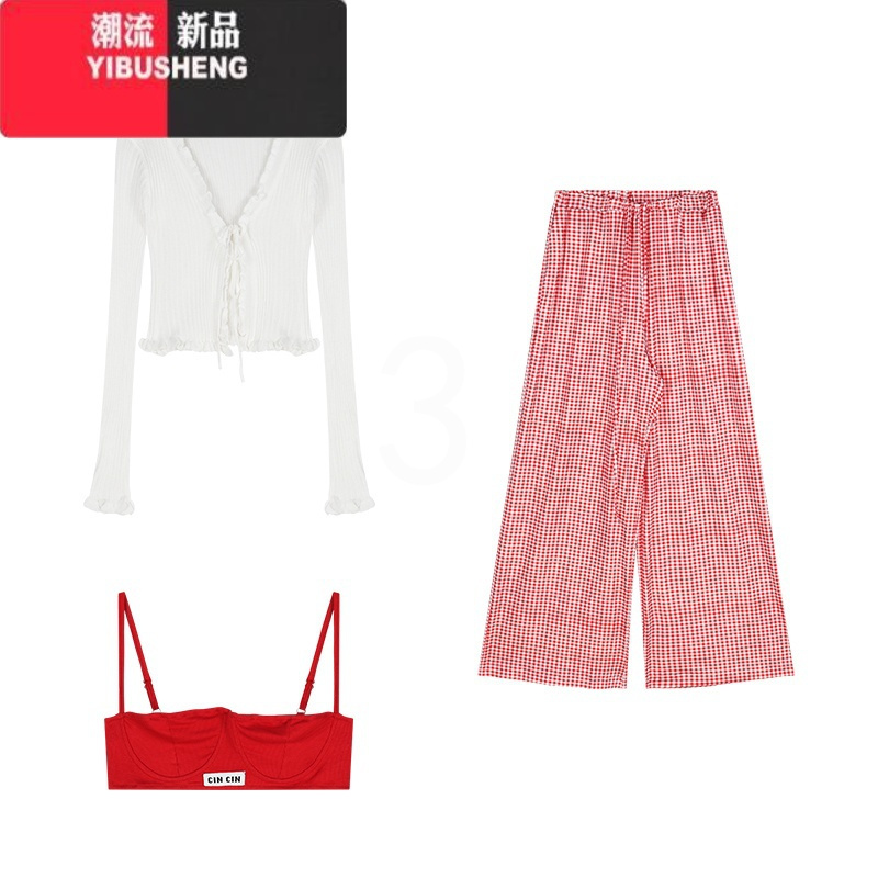YIBUSHENG红色格子抽绳阔腿休闲裤女季显瘦垂感直筒裤子百搭高腰拖地长裤