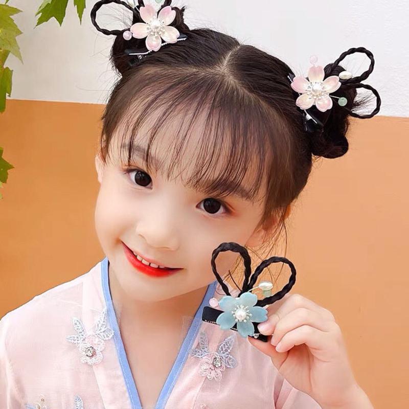 儿童汉服发饰女童蝴蝶结发夹头饰立体花朵假发古风古装公主发卡紫色