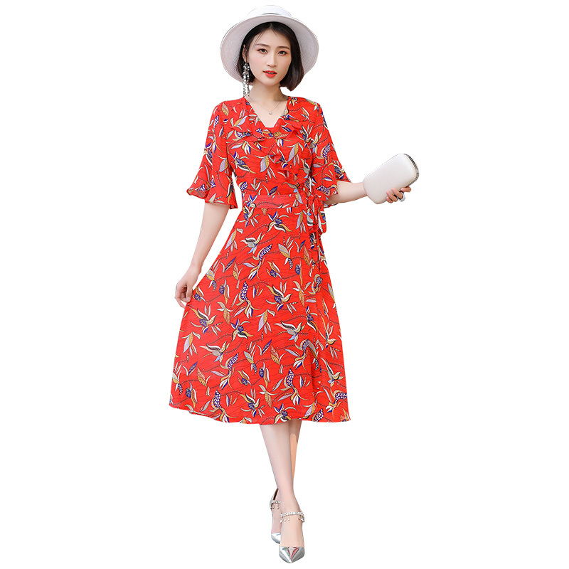 红色碎花雪纺连衣裙女中长款女士夏款新品气质名媛韩版慵懒风