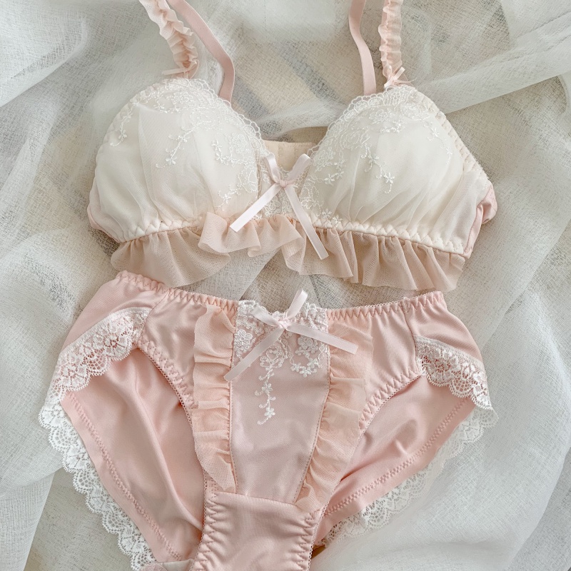 suntek 日系甜美少女文胸套装雪纺蕾丝刺绣内衣荷叶边下摆