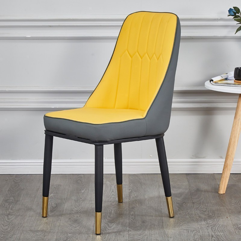 汐岩餐椅现代简约家用靠背凳子酒店餐厅洽谈北欧休闲铁艺书桌椅子 加厚款-黄灰+金色腿