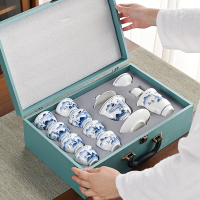 金镶玉功夫茶具套装 茶壶茶杯陶瓷送礼品盒高档 手绘青山碧水茶具