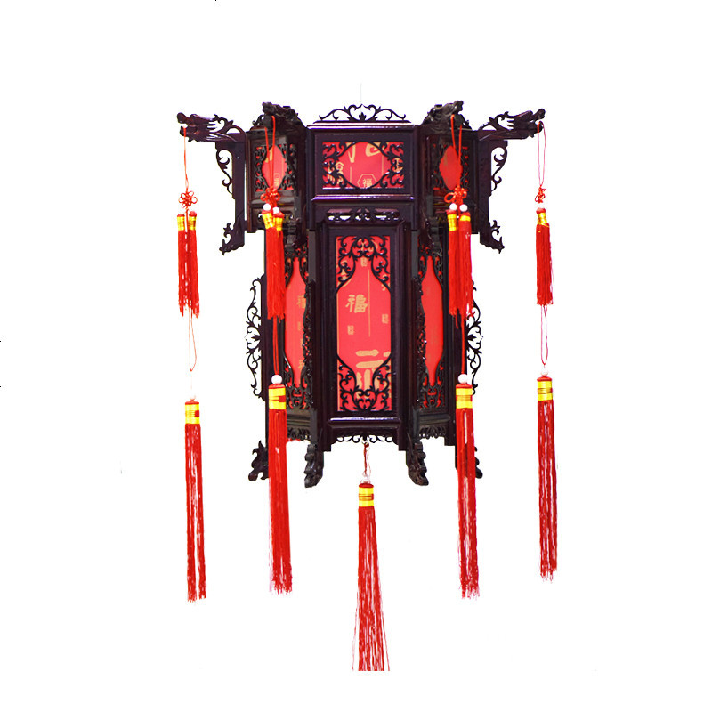 实木六角宫灯仿古羊皮福字木质中式灯笼室内户外装饰吊灯花灯茶楼