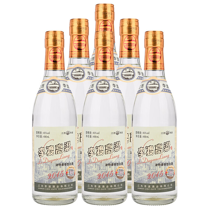 李渡官方旗舰店李渡高粱201545度490ml6瓶整箱装光瓶白酒固态法高粱酒