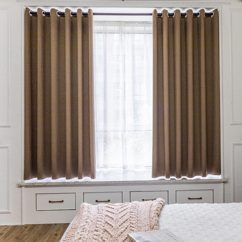 美帮汇全遮光窗帘免打孔安装简易卧室飘窗短帘阳台防晒隔热遮阳布伸缩杆 咖啡色-隐竹节(TH) (内宽3.1-3.6米用)帘宽3*高2米两片(共6米)