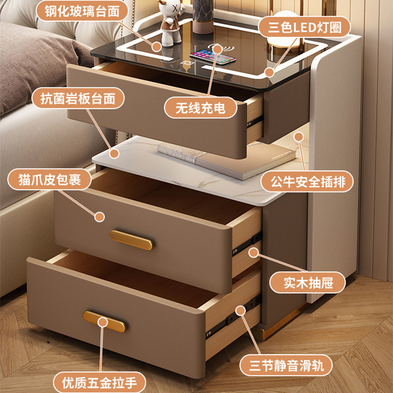 点云星辰智能床头柜轻奢简约现代免安装卧室充电多功能收纳45*40*58cm-浅灰色|三色灯+无线充+USB+指纹锁高清大图