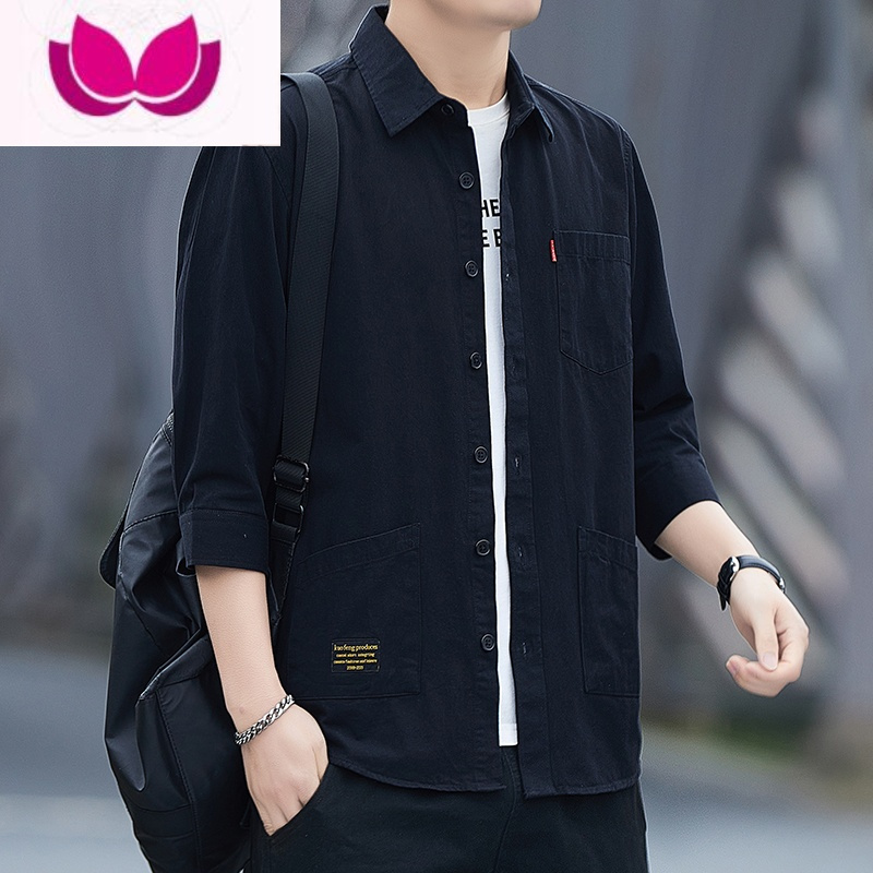 七斓新款工装衬衫男纯色短袖五分袖七分袖宽松多口袋商务休闲