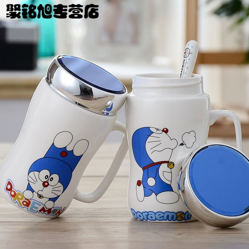 450ML时尚创意生活日用水具水杯卡通可爱创意马克杯陶瓷杯子带盖带勺大容量办公情侣水杯杯子家家庭杯子