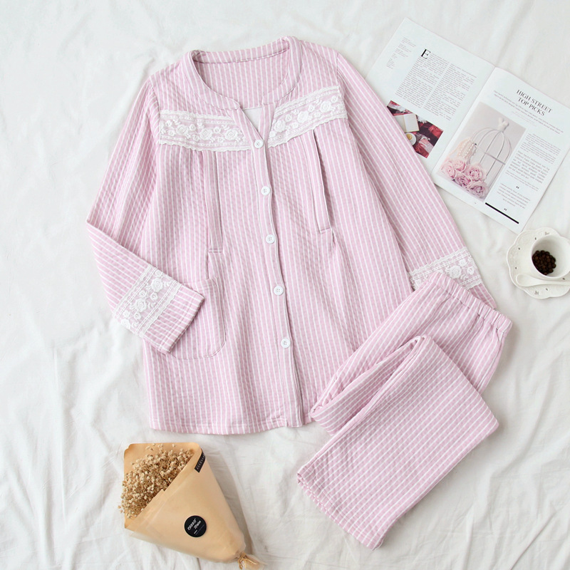 秋冬新款纯棉空气层蕾丝透气孕妇哺乳衣 睡衣家居服套装月子服