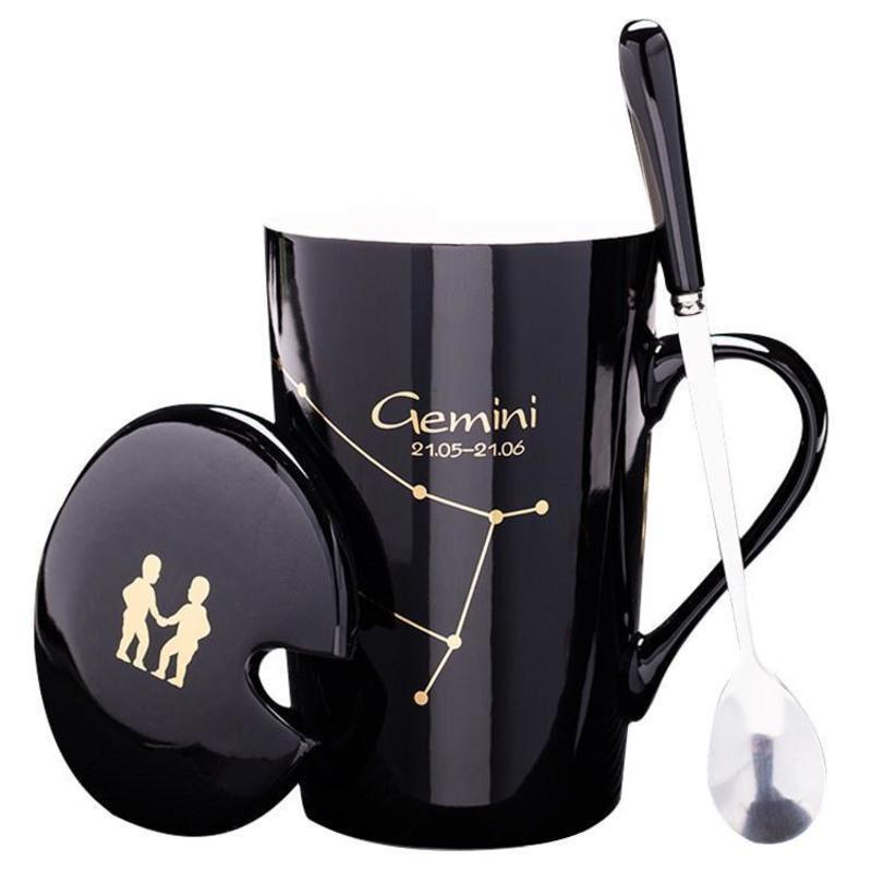 十二星座马克杯创意陶瓷杯带盖勺家用喝水杯子办公咖啡杯情侣茶杯 白色天蝎座+盖+勺