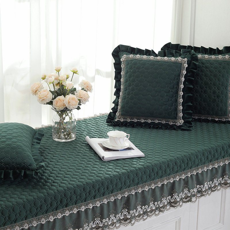 汐岩窗户榻榻米飘窗垫窗台垫欧式阳台飘窗垫可机洗榻榻米垫子飘窗毯 暖春蕾丝-墨绿色80+18*160cm