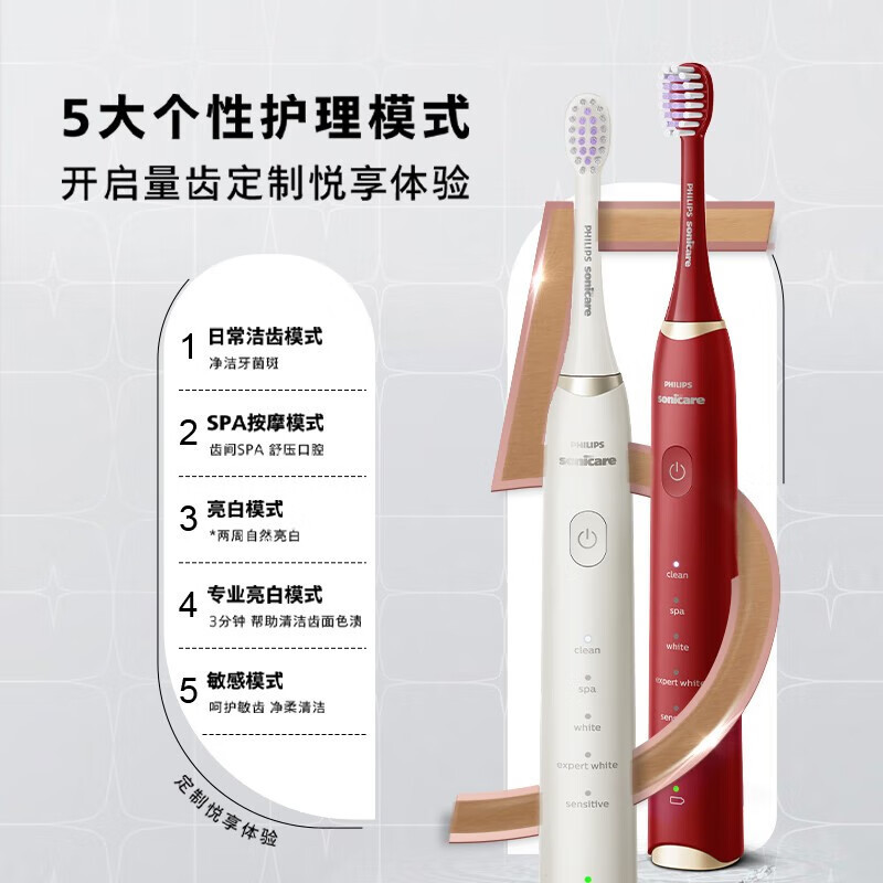 飞利浦(PHILIPS)电动牙刷成人 声波震动牙刷SPA刷按摩刷头清洁亮白护龈5种模式 白色HX2491/01
