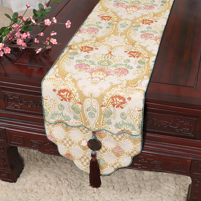 美帮汇新中式古典玉桌旗茶几长条布艺中国风桌布床柜旗电视柜盖布 如意 34*180适合桌长120-130CM高清大图