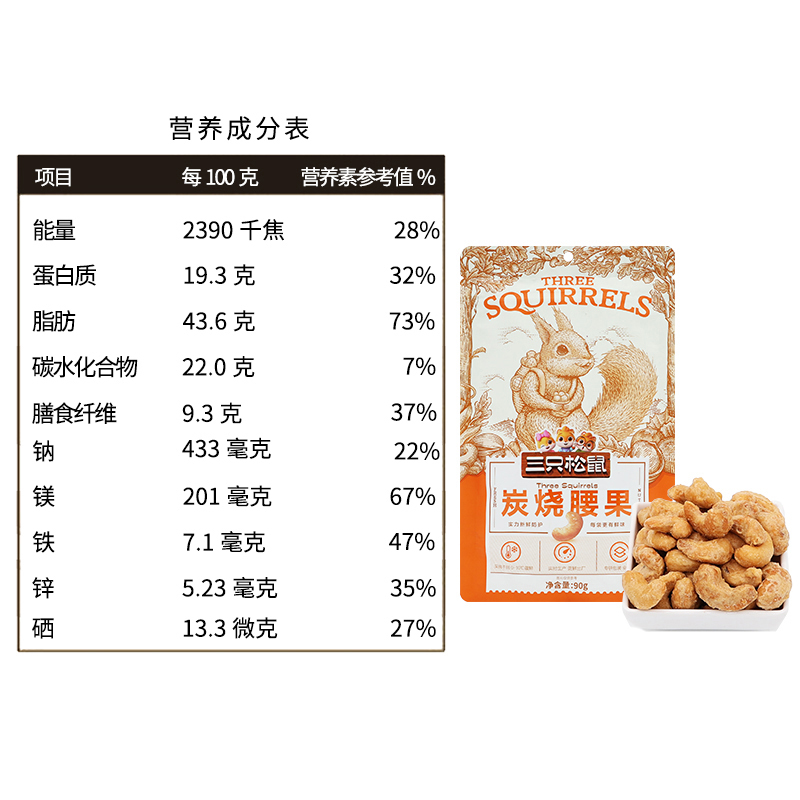 三只松鼠炭烧腰果休闲零食坚果仁可即食炭烧腰果90g*10袋