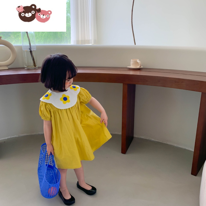 绿彩虹光女童韩版大翻领连衣裙2022夏装新品女宝宝洋气花朵裙子小清新裙潮
