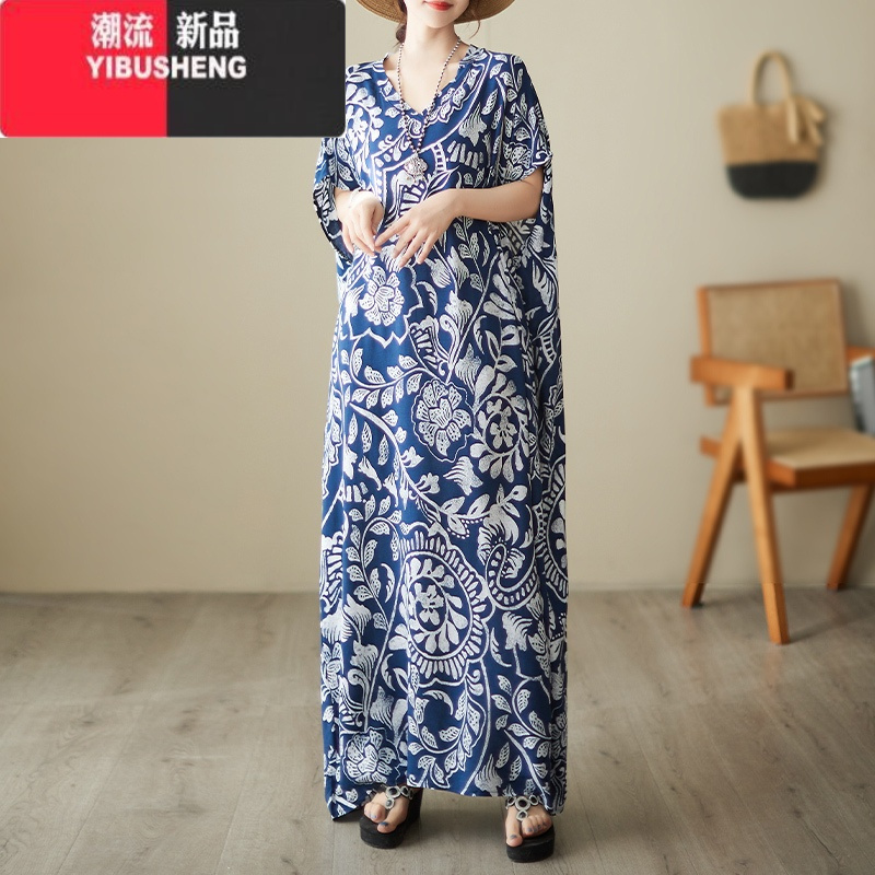 YIBUSHENG胖妹妹大码波西米亚度假长裙女装印花棉绸遮肉显瘦连衣裙长袍子