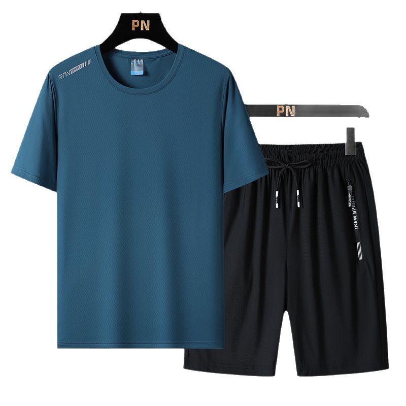 啄木鸟速干冰丝运动套装男短袖T恤夏季新款大码男装休闲裤两件套高清大图