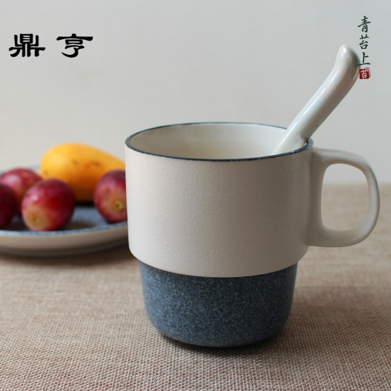 鼎亨日式咖啡杯带盖勺创意陶瓷杯子简约复古家用马克杯个性办公水
