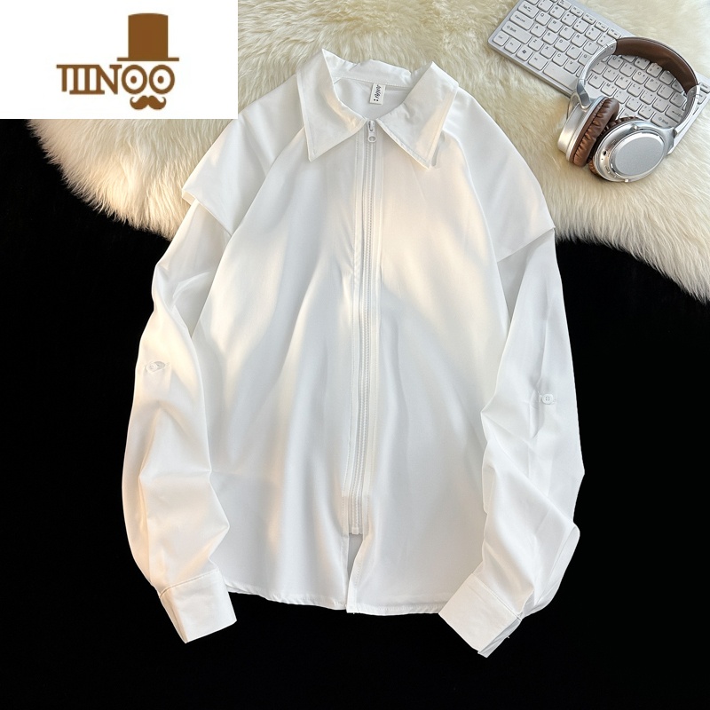 YANXU拉链痞帅白色衬衣男长袖小众设计感潮牌宽松港风复古纯色寸衫外套高清大图