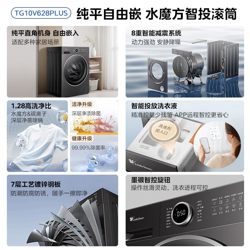 小天鹅滚筒洗衣机10公斤水魔方金属钛纯平自由嵌 独嵌两用前开式LED屏 1200转 一级能效低噪TG10V628PLUS高清大图
