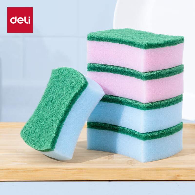 得力(deli)得心LQ393海绵百洁布 10x8cm聚氨酯(混色) 洗碗清洁 (8片/包)