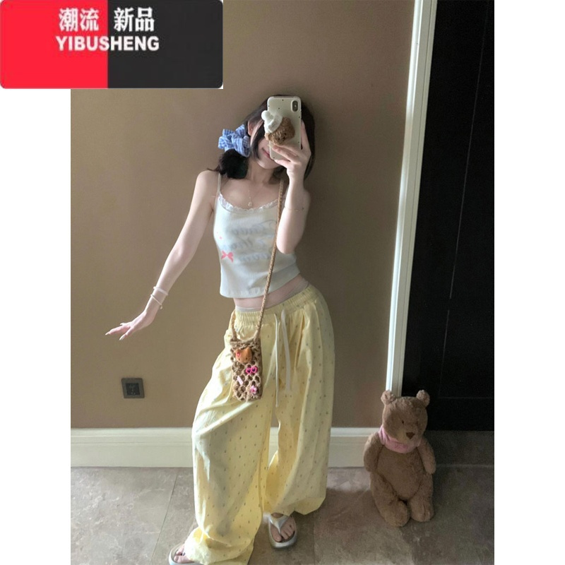 YIBUSHENG美式高街多巴胺穿搭黄色波点休闲裤女季薄款宽松垂感直筒阔腿裤