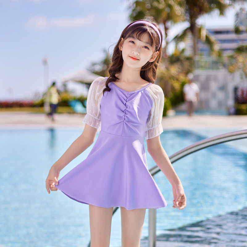 儿童泳衣女童女孩连体夏蕾丝公主风游泳衣2024新款学生中大童泳装