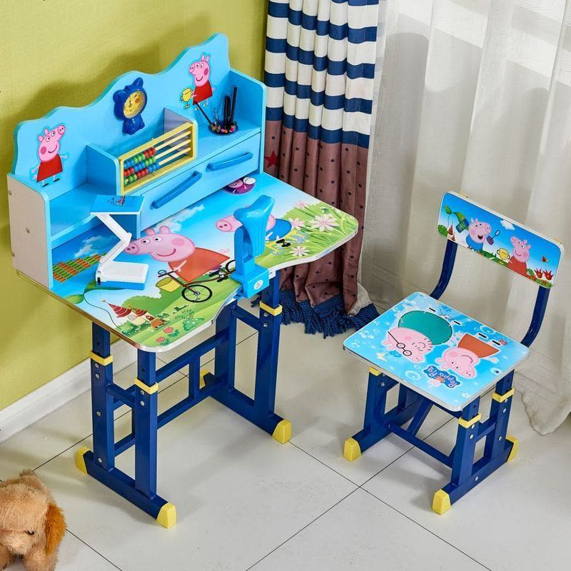 儿童学习课桌椅套装小学初中生吃饭写作业的写字台凳简易书桌架子 带护眼灯 款2加大全图版-佩奇-蓝色图片