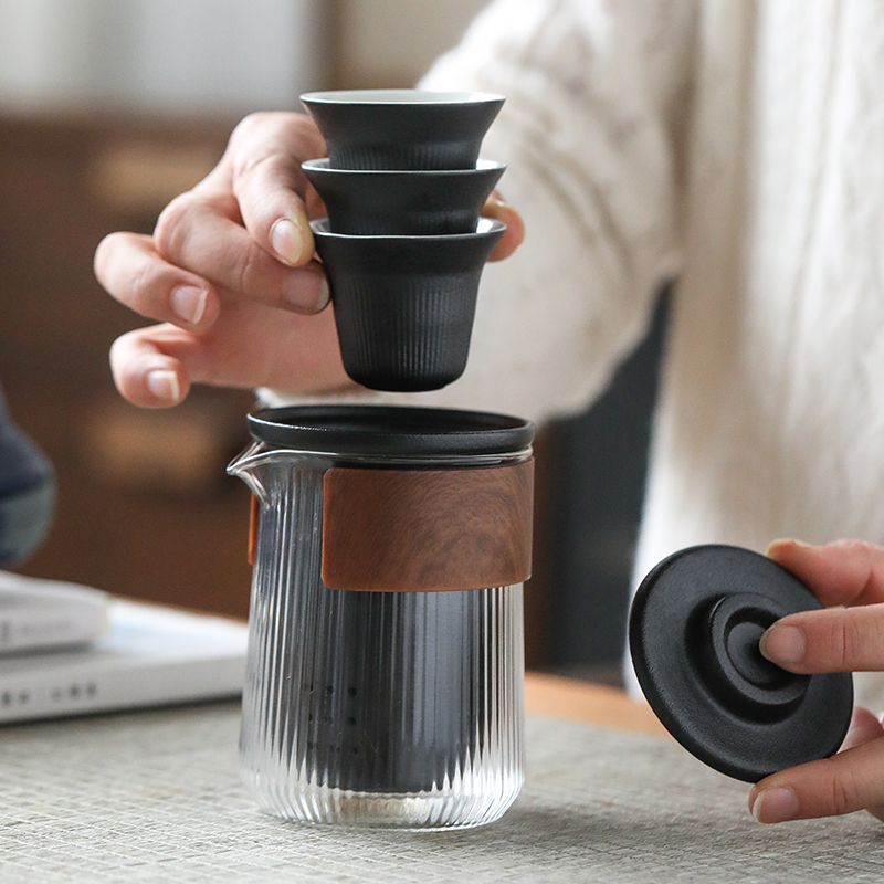 苏氏陶瓷(SUSHI CERAMICS)旅行茶具套装 经纬禅黑便捷功夫茶具 快客杯玻璃公杯陶瓷茶杯带便携包高清大图