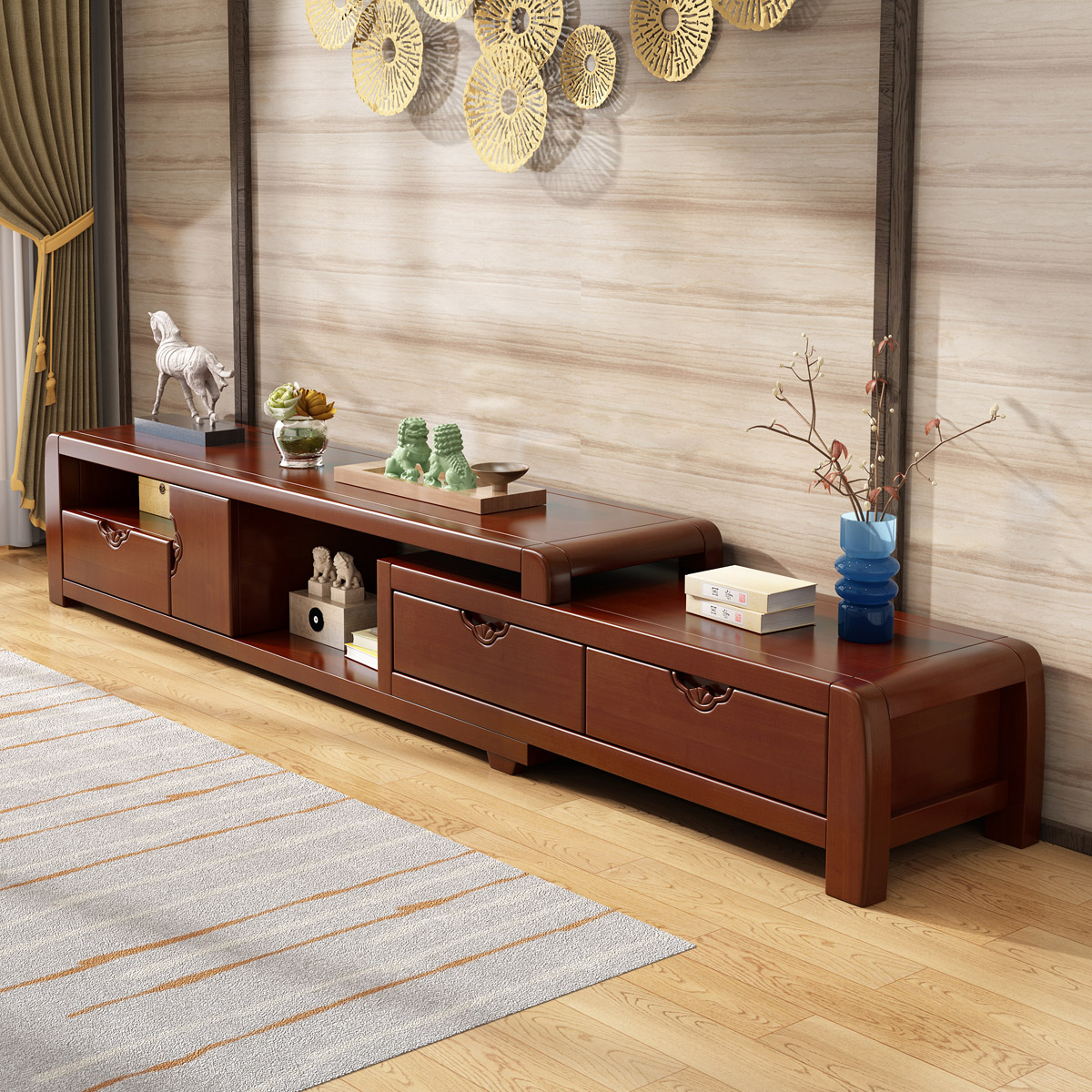 采百木(caibaimu)实木电视柜现代伸缩多功能家具储物柜视听柜组合柜