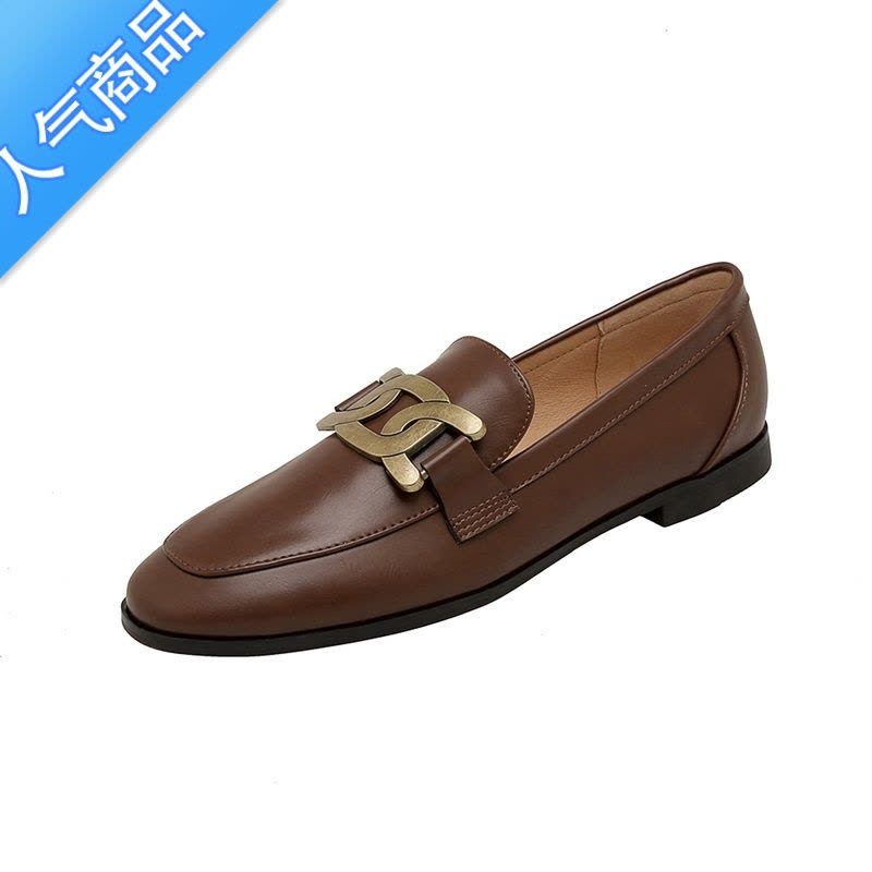 SUNTEK金属扣单鞋女鞋2023年春季复古平底乐福鞋一脚蹬小皮鞋百搭英伦风图片