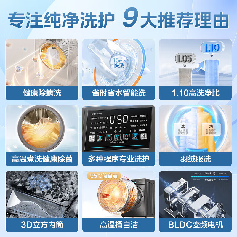 小天鹅滚筒洗衣机全自动变频10公斤大容量家用羽绒服洗除菌除螨 [洗净比1.1新款]TG100V23PRO高清大图
