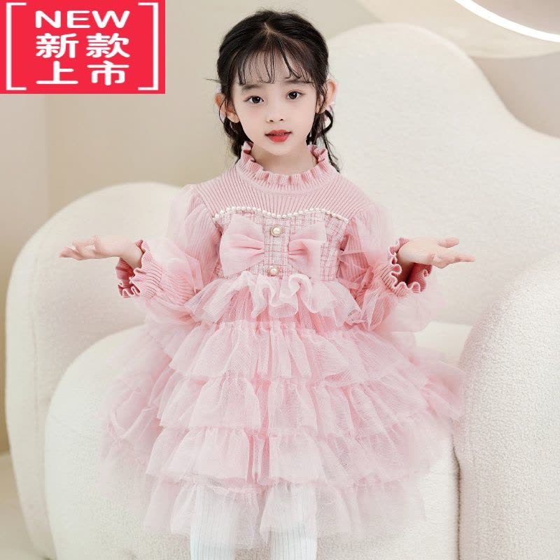 可莉允女童针织毛衣裙冬季2022新款秋冬儿童加绒洋气冬季女孩生日连衣裙图片