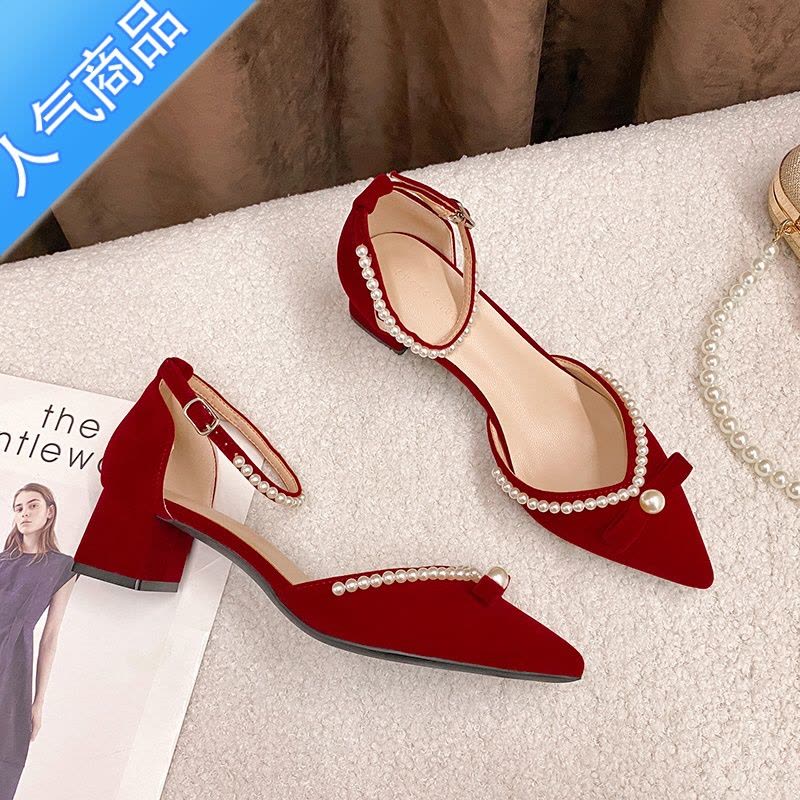 SUNTEK粗跟婚鞋女2022年新款新娘鞋酒红色加绒珍珠高跟鞋秀禾单鞋不累脚图片
