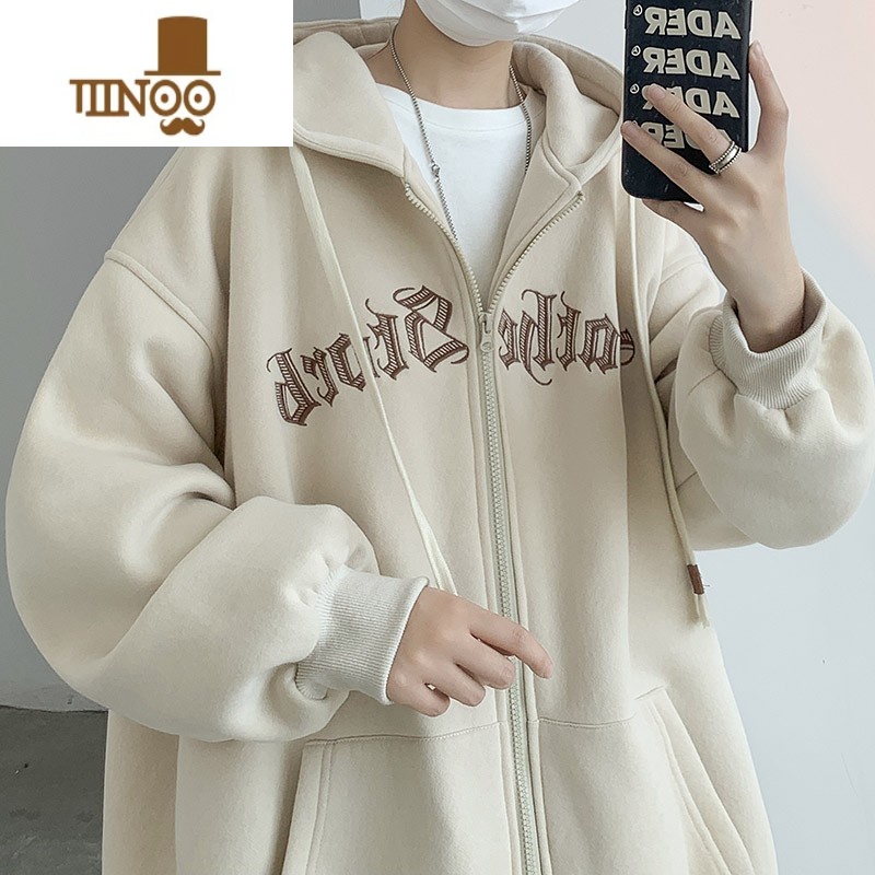 YANXU美式刺绣拉链连帽卫衣男港风宽松休闲外套ins潮秋季情侣运动开衫高清大图