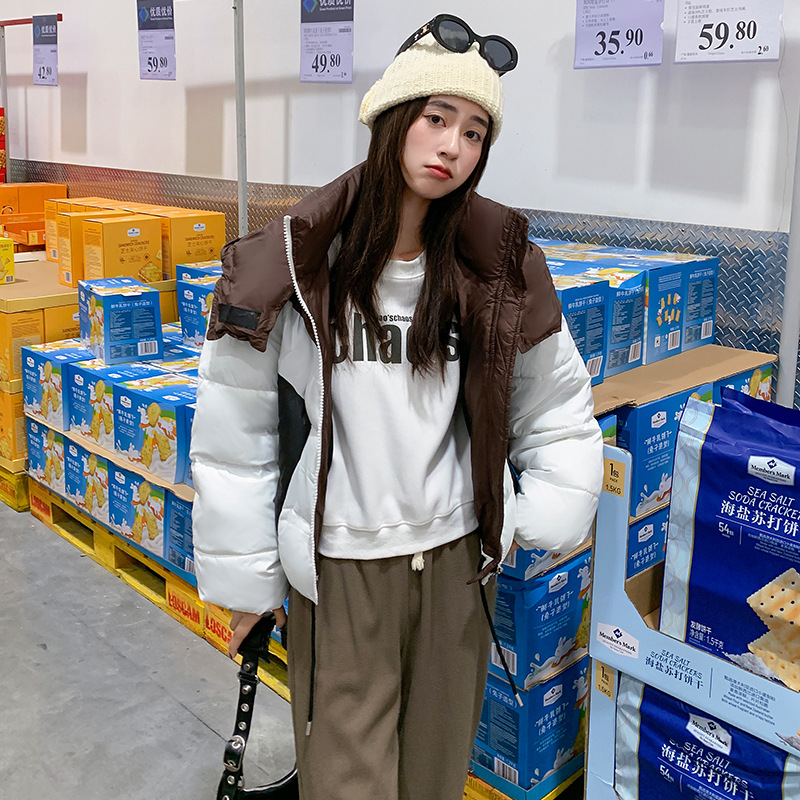 2023冬季新款撞色拼接羽绒棉服短款宽松韩版面包服连帽潮女士外套高清大图