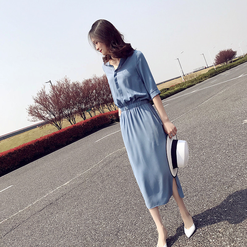 2018新款连衣裙休闲连体裙小黑裙衣服雪纺长裙微胖裙子女显瘦长裙