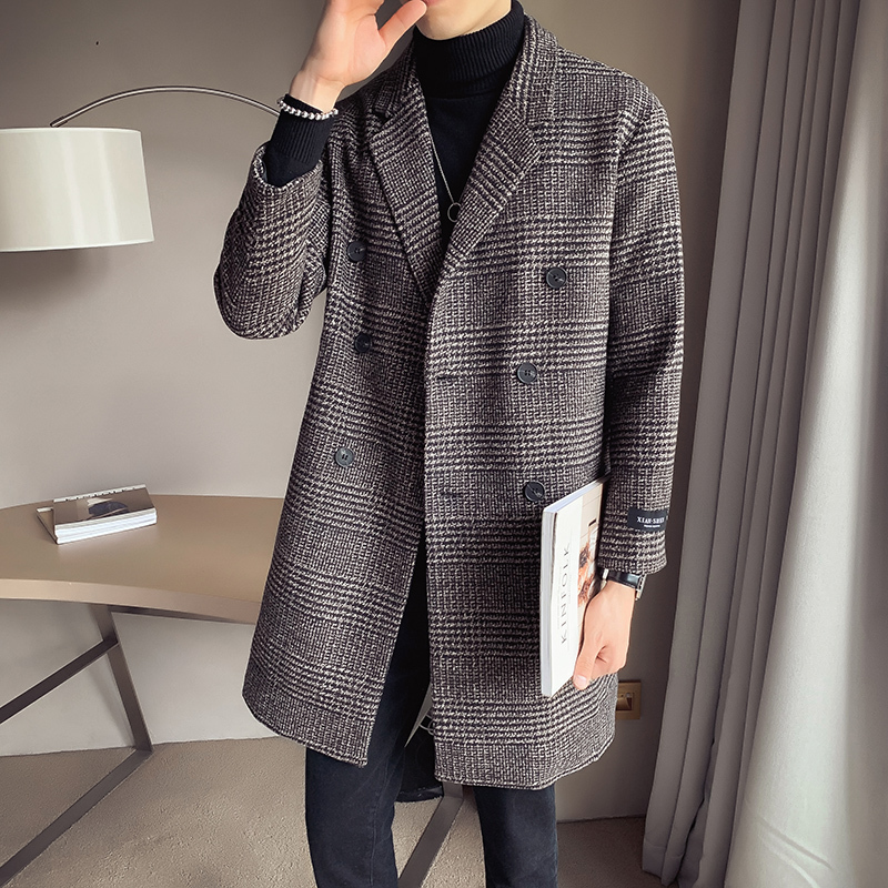 yuansu秋冬季格子大衣男生潮牌韩版青年帅气男休闲双排扣毛呢风衣中长