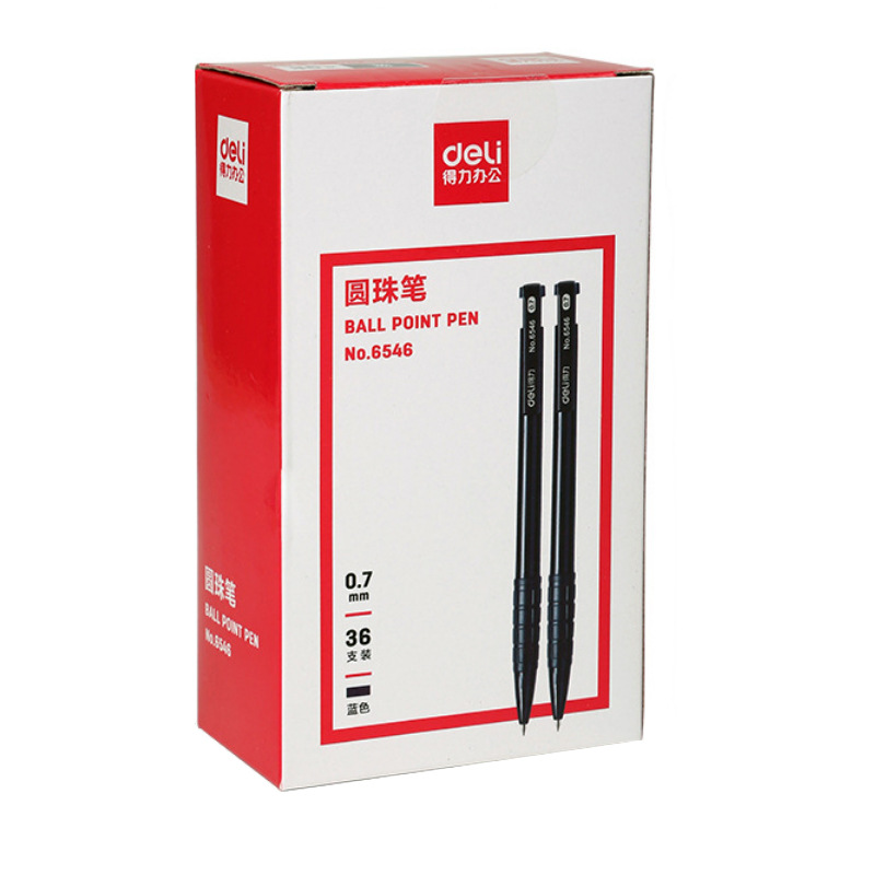 得力 圆珠笔中油笔 0.7mm子弹头软胶握手原子笔按动笔 办公用品 蓝色 36支/盒 P06546高清大图