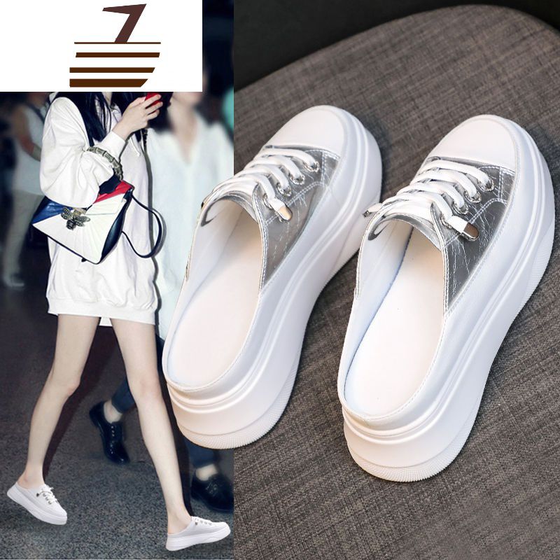 尗卡鞋子女款潮鞋懒人网红百搭松糕厚底内增高一脚蹬半拖小白鞋休闲鞋