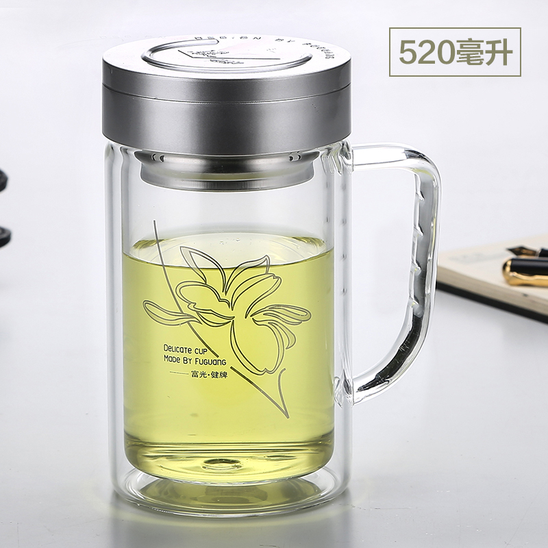 富光(FGA)玻璃杯双层便携水杯男女大容量家用泡茶杯子透明带盖过滤茶杯