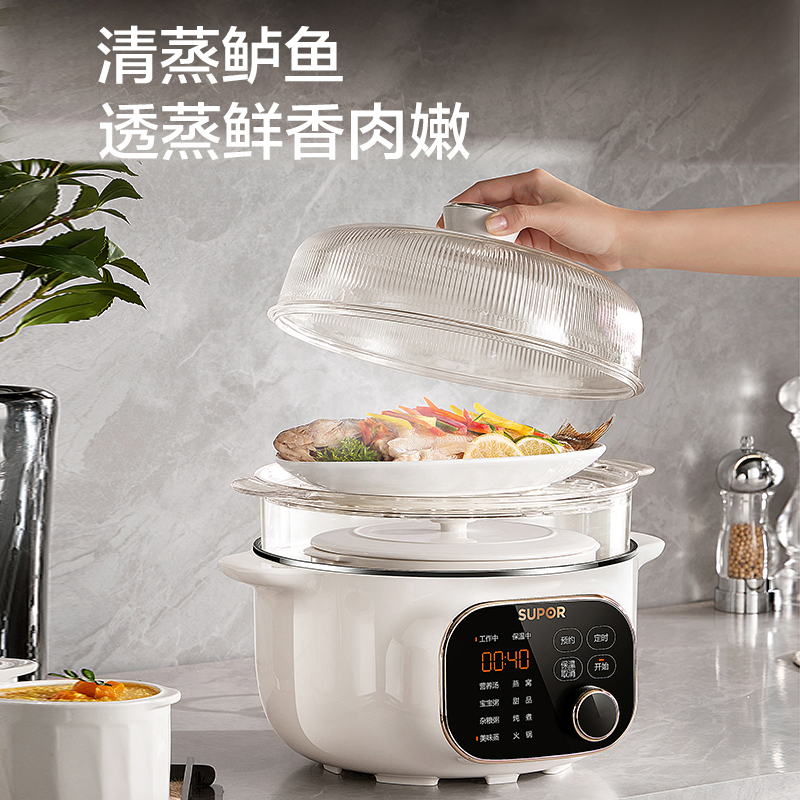 苏泊尔(SUPOR)电炖锅电炖盅一锅五胆4.5L总容量陶瓷内胆上蒸下炖燕窝隔水炖24小时预约2-5人DZ25YC876