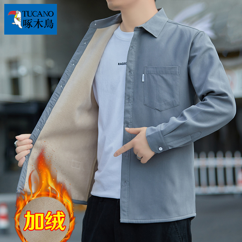 啄木鸟长袖衬衫男士加绒厚秋冬季纯棉休闲上衣新款宽松衬衣外套休高清大图