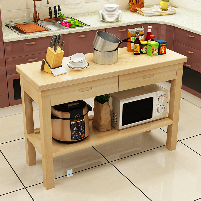 汐岩定制实木厨房切菜桌家用实木桌子带抽屉厨房作台小户型储物桌 120*45*80（原木无漆双抽屉）