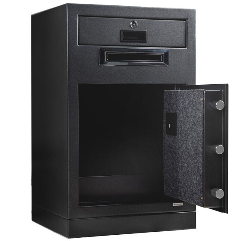 得力(deli)3632投币式电子保管箱 银灰 高63cm 办公家用防盗小型隐形保管柜 入墙床头柜保险保管箱柜