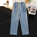 YANXU日系松紧腰牛仔裤男夏季薄款直筒宽松潮牌高街阔腿裤休闲U腿 2XL 003-1中蓝色